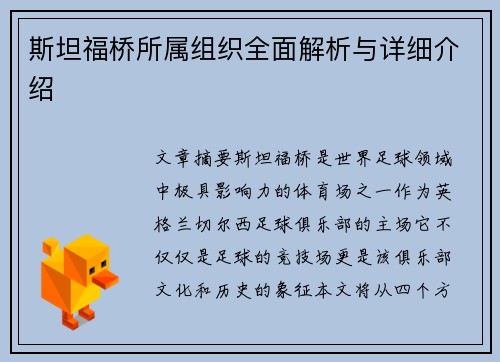斯坦福桥所属组织全面解析与详细介绍 斯坦福桥所属组织全面解析与详细介绍