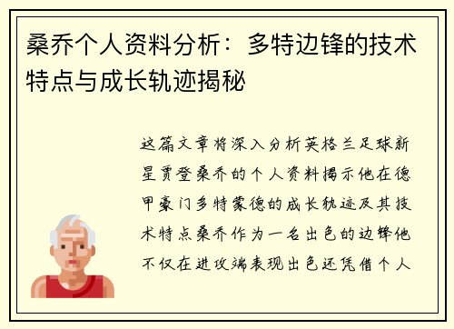 桑乔个人资料分析：多特边锋的技术特点与成长轨迹揭秘