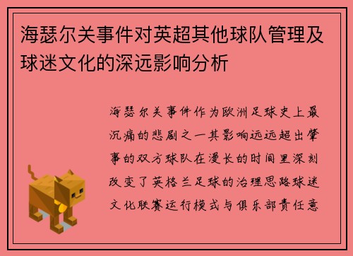海瑟尔关事件对英超其他球队管理及球迷文化的深远影响分析