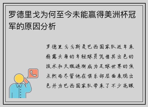 罗德里戈为何至今未能赢得美洲杯冠军的原因分析